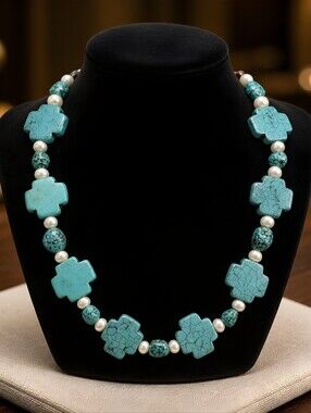Dyed Howlight And Magnesite              Cross With Pearls Necklace